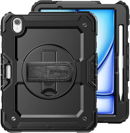 timecity Case for iPad Air 11 Inch M3/ M2 (2025/2024), 360° Rotating Stand, Pencil Holder & Wireless Charging, Shockproof with Screen Protector & Shoulder Strap - for Designers, Black