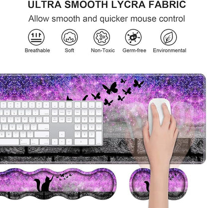 Ergonomic Keyboard Wrist Rest & Mouse Pad Wrist Rest Set, Large XXL Gaming Desk Mat 31.5"x 11.8" with Non-Slip Base, Memory Foam, Easy Typing Pain Relief for Home & Office, Black Cat and Butterfly