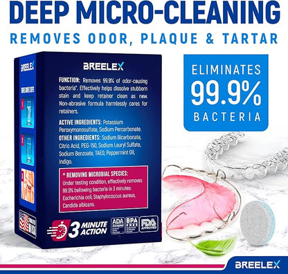 Breelex Denture Cleaning Tablets - 120 Retainer Cleaner Tablets for Aligner, Mouth & Night Guard - FSA HSA Approved Products - Dental Cleanser for Nightguard - Fresh in 3 Minute - Denture Cleaner