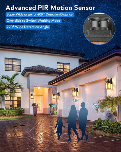 VIANIS 2 Packs Dusk to Dawn Outdoor Lighting for House, Wood Grain Motion Sensor Outdoor Lights Fixture, Garage Light Sconce Wall Mount, Lantern with Waterproof, Anti-Rust 100%, Weather Resistant