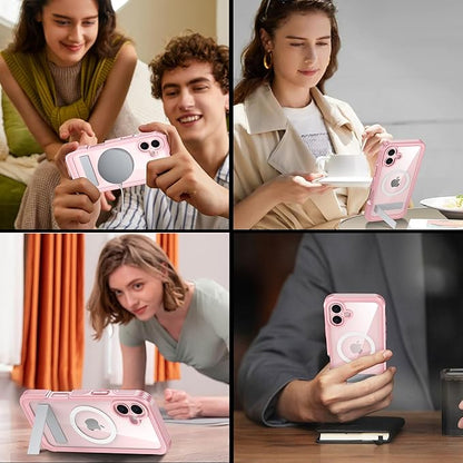 360° Protection Magnetic for iPhone 16 Case Built-in 9H Privacy Screen Protector & Metal Stand[Fit for Magsafe][Anti-Spy][Lens Protector] Heavy Duty Shockproof Phone Case for iPhone 16(Pink)