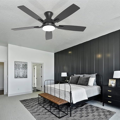 revoici Ceiling Fans with Lights, 52 Inch Black and Brown Wood Ceiling Fan, 6 Speed and Reversible DC Motor, Modern 5 Blade Low Profile Flush Mount Ceiling Fan for Living Room, Outdoor Patio