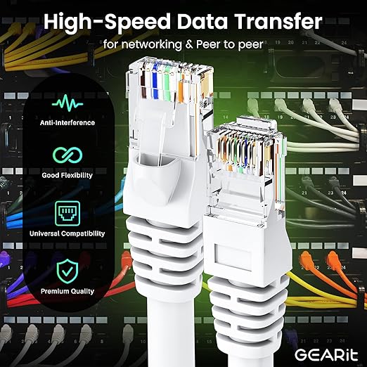 GEARit Cat 6 Ethernet Cable (100-Pack 2 Feet) Cat6 Network Patch, 10Gbps, RJ45, Snagless Cord, Gold-Plated Connectors, Internet for PC, TV, Tablet, Router, Printer, Servers, IT Data Center - White
