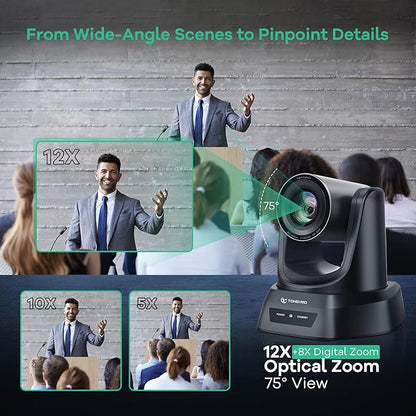 TONGVEO PTZ Camera AI Auto Tracking 12X Optical Zoom Conference Room Camera Wide View HDMI/USB3.0 60fps 1080P Video Conference for Church Worship Meeting Online Learn with Zoom YouTube OBS and More