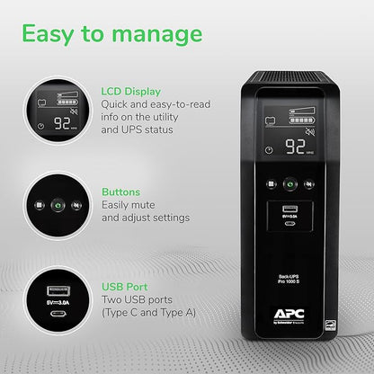 APC UPS Back-UPS Pro, 1000VA Sinewave UPS Battery Backup & Surge Protector, LCD, AVR, BR1000MS