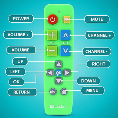 EZclicker Plus Big Button Universal TV Remote (Green) Simple Easy to Use, Works with Major TV Brands (2xAAA Batteries Not Included)