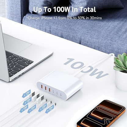 100W USB C Fast Charger Block Compact GaN 6 Port PD USB C and QC USB A Wall Charger Type C Charging Station Hub Adapter Plug Cube Brick for iPhone 17 16 15 14 Pro Max iPad Pro Air Samsung Pixel LG