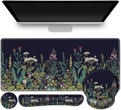 ToLuLu Desk Mat, XXL Large Mouse Pad Wrist Support Set，4 in1 Gaming Mousepad Desk Pad+ Ergonomic Mouse Pad with Wrist Rest + Keyboard Wrist Rest+Coaster for Home Office Computer Table, Weeds Plants