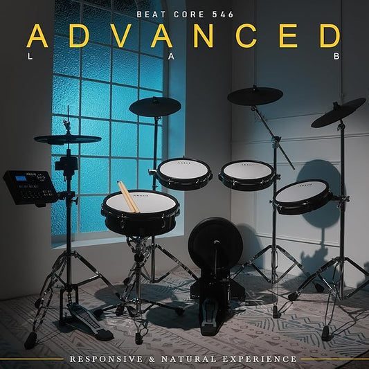 AKLOT Fully-Expandable Electric Drum Set: Independent Stand System, 12" Wooden Snare, Independent Hi-Hat and Triple-Zone Ride Cymbal, Mesh Bass Drum, 475 Sounds, Drum Sticks, Lesson Book (B-CORE546)