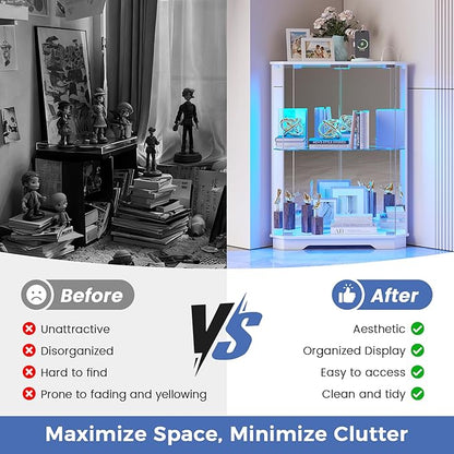 Dystler Corner Display Cabinet with Glass Doors, Small Display Case with 3-Color LED Lights and Charging Station, 2-Tier Curio Cabinet with Storage and Shelf, White
