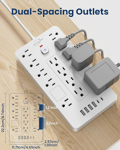 JouleLoom Surge Protector Power Strip-14 Outlets and 6 USB Ports, 6 Feet Flat Plug Extension Cord, 1850 Joules, White, ETL Listed for Home, Office, Dorm Room