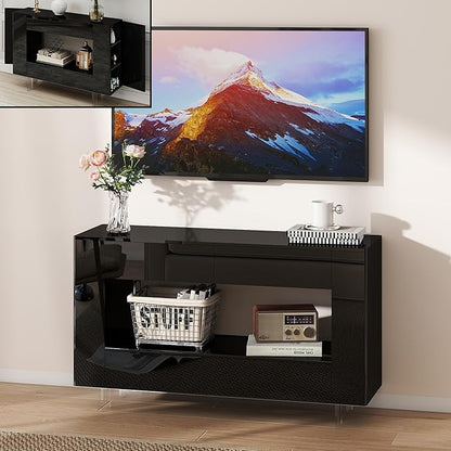Vavkorkula High Gloss TV Stand for 55 Inch with 2 Large Drawers & Hidden Storage Cabinets, Modern Entertainment Center Television Stands for Living Room Bedroom, Black