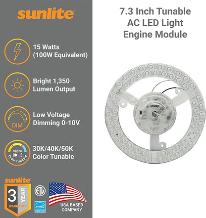 Sunlite 88479 7.3-Inch AC LED Light Engine Module, 15 Watts (100W=), 1350 Lumens, Color Selectable 30K/40K/50K, Dimmable, 50,000 Hours Life Span, 120v, ETL Listed