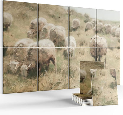 Wall Art Acoustic Panels,35''X24''Sound Absorbing Panels-8-Pack with 50 Adhesive Tabs, Decorative Sound Absorbing Panels for Living Room and Recording Studio, Offices-Hillside sheep