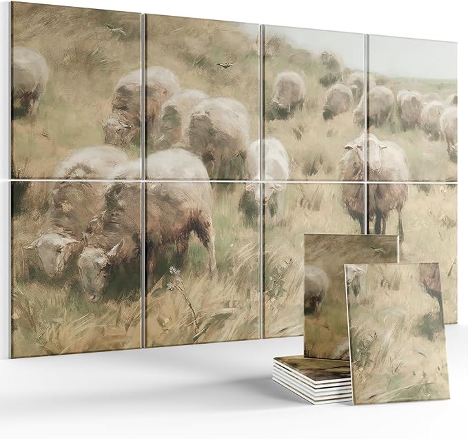 Wall Art Acoustic Panels,47''X31''Sound Absorbing Panels-8-Pack with 50 Adhesive Tabs, Decorative Sound Absorbing Panels for Living Room and Recording Studio, Offices-Hillside sheep
