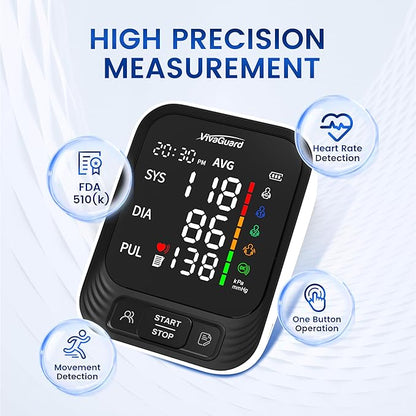 VivaGuard Blood Pressure Monitor for Home Use, Upper Arm Blood Pressure Cuff (8.7" - 16.5"), Automatic Digital BP Machine with Large LCD Backlit Display, 2 x 199 Memory, Carrying Case and Power Supply
