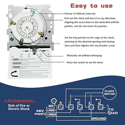 T104M Mechanical Time Switch,208-277 VAC 5HP 40A DPST Timer Switch,Versatile Scheduling,1-12 Cycles Per Day - Manual Override,Mechanism Only