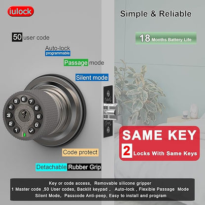 iulock Smart Door Knob with Keypad and Key,Keyless Entry Door Lock with Rubber Grip, Auto Lock,50 User Code,Waterproof, Easy to Install and Program for Bedroom(Stain Nickel Same Key 2 Pack)