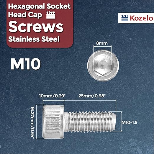 Kozelo 6pcs Socket Head Cap Screws - [M10-1.5 x 25mm] 304 Stainless Steel Allen Socket Drive for Electrical Motor 3D Printing Fan Engine Replacement Use, Silver
