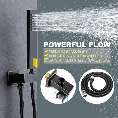 KATAIS Temperature Display Oil Rubbed Bronze Shower System, Push Button Shower Faucet with Handheld Spray, Ceiling Mount 12 Inch and 8 Inch Wall Mount Shower Head, 6 PCS Body Jet