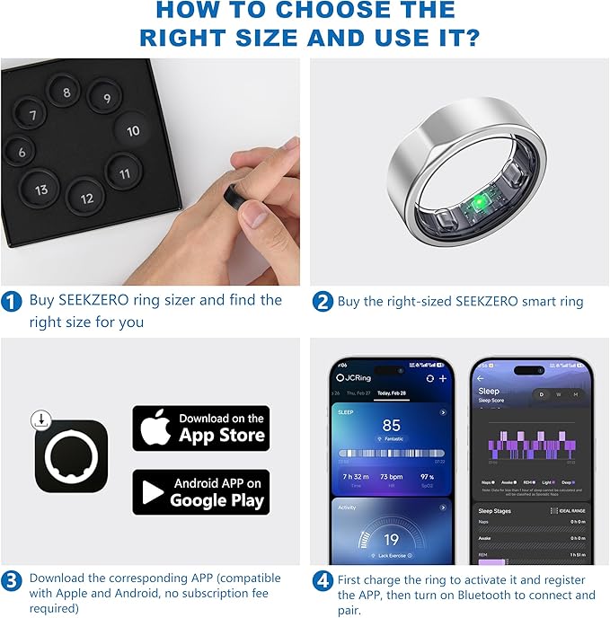 SEEKZERO Smart Ring for Women Men, Health Fitness Ring with Heart Rate, Stress & Sleep Monitoring,Step & Calorie Counter, 5ATM Waterproof for iPhone and Android,No Subscription(Brilliant Silver, 9)