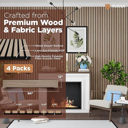 Avana Acoustic Wood Wall Panels – 94.4 X 12.6 Inch White Oak Acoustic Panels 4 PCs – Wall Panels For Interior Wall Decor For Homes, Offices, Studios – Sturdy And Durable Wood Panels For Wall
