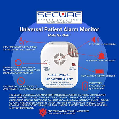 Secure Chair Alarm for Elderly Dementia Patients - 12"x12" Long-Term Sensor Pad and 80 dB Caregiver Alert Monitor - Smart & Reliable Fall Prevention Kit for Seniors - Perfect Complement to Bed Alarm