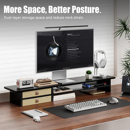 FENSULN Dual‑Tier Monitor Stand Riser with Drawers, Desktop Organizer Shelf Storage for Computer Screen 2 Monitors, Supports for PC Computer Monitor, Printer, Heavy TV Riser Black