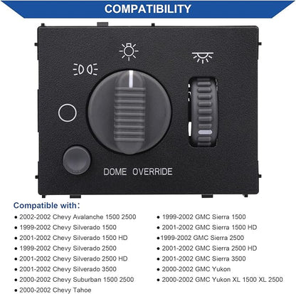 Obaee Headlight Switch Instrument Panel Dimmer Light Switch Compatible with Chevy Avalanche, Silverado, Suburban, Tahoe & GMC Sierra, Yukon 1999-2002, Replaces OE 15755595, D1534G, DS-968