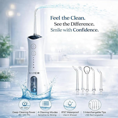 KAMEX Cordless Water Dental Flosser for Teeth Cleaning: Portable Oral Irrigator with 300ML Tank, 4 Cleaning Modes, Rechargeable IPX7 Waterproof Travel Water Flosser for Sensitive Gums, Braces
