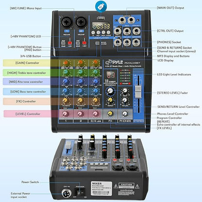 Pyle Professional 4 Channel Audio Mixer with Bluetooth - DJ Sound Board - USB Computer Input - Built-in MP3 Player - 48V Phantom Power - 3 Band EQ - 16-Bit DSP FX - Band, Studio Ready - PMXU43BT