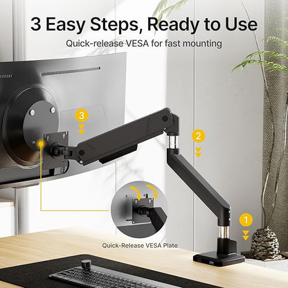 monTEK Single Monitor Arm for Max 45 Inch Ultrawide Screens Adjustable Monitor Desk Mount Holds 35 Lbs Cable Management with Clamp/Grommet Desk Mount, VESA 75/100mm, MA1007BK