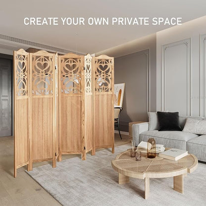 ALeesing 6 Panel Room Divider Fully Assembled, Carved Room Dividers and Folding Screens, 5.6Ft Wood Room Divider Screen Freestanding Partition Wall Dividers for Home Bedroom Office, Rustic Wood Color