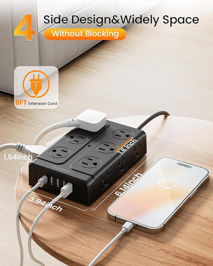 Zoxwzop Surge Protector Power Strip - 12 Outlets(1850W/15A) 6 USB Ports（2 USB C, 6FT Flat Plug Extension Cord, Wall Mount Multi Plug Outlet Extender, ETL Listed for Home, Dorm Room