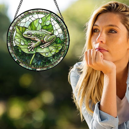 CRISGIF Stained Glass Window Hanging - Cute Frog Suncatcher for Doors Garden Patio Green Leaves Sun Catchers Decor Christmas Mother's Day Birthday Gifts for Women Men Mom Nana Boy Friend 9.8 in