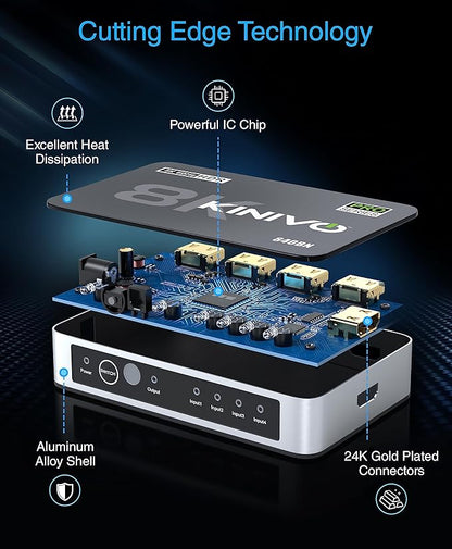 Kinivo 8K HDMI Switch (8K 60Hz, 4 in 1 Out, 48Gbps HDMI 2.1 Hub, Ultra HD Switcher, HDR10+, Dolby Atmos) - Compatible with HDTV, Nintendo Switch 2, PS5, Xbox, Apple TV