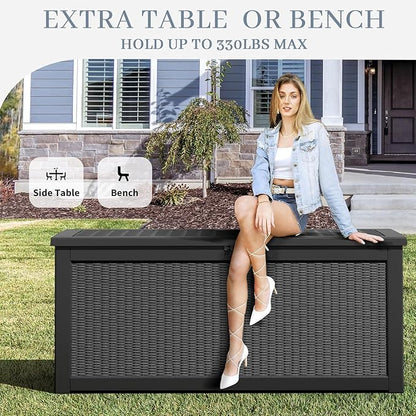 NUNU LAB Outdoor Storage Box, 320 Gallon Deck Box, Resin Waterproof Outside Storage Bench, Outdoor Storage Cabinet With Lockable Lid, Backyard Deck Box For Garden Tools, Patio Cushions, Black