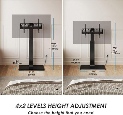 FITUEYES Floor TV Stand for 32-75 inch TV with Power Outlet, Tall TV Stand for Bedroom Living Room with Tempered Glass Base, Floor TV Mount Holds Up to 88lbs MAX VESA 600x400mm,Black