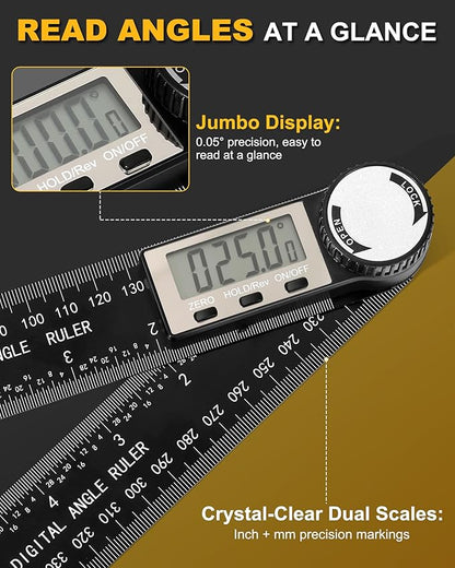 Protractor, Digital Angle Finder Protractor with LCD Display, 2-in-1 360° Angle Measuring Tool and Ruler, Precision Digital Protractor Ruler for Woodworking, Construction, Carpentry