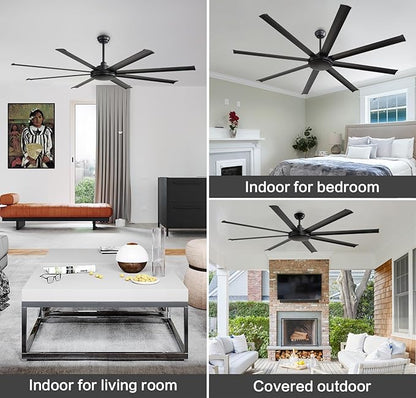 WINGBO 80 Inch Industrial Ceiling Fan without Light, 8 Aluminum Blades Ceiling Fan No Light, 6-Speed Reversible Noiseless DC Motor for Kitchen Bedroom Living Room, Matte Black