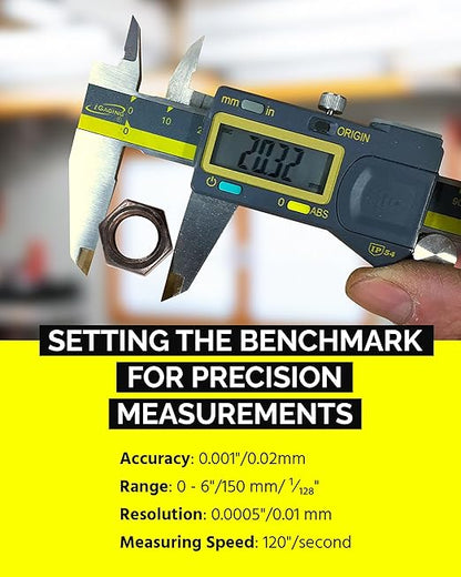 iGAGING Absolute Origin 0-6" Digital Caliper, IP54 Stainless Steel, SPC/USB Output Port, Fraction Reading, Depth Base, Case, Manual, Battery