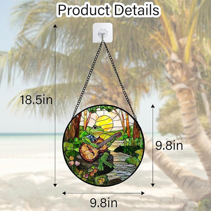 DASTOLL Stained Glass Window Hanging, Frog Playing Guitar Suncatcher Diamond Glass Panel Funny Sun Catchers Decor for Birthday for Women, Men, Wife, Aunt, and Mom 9.8 in