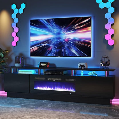 oneinmil Fireplace TV Stand with 36” Electric Fireplace, 2 Tier TV Console Stand for TVs Up to 90"", LED Light Entertainment Center, Fireplace for The Living Room TV Stand, Black, 80''