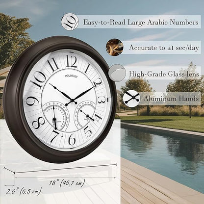 FOUNTAIN DESIGNS 18 Inch Illuminated in/Outdoor Clock with Smart Sensor and Night Light, Waterproof, Large Wall Clock with Thermometer & Hygrometer for Patio,Pool and Garden Decor,Oil Rubbed Bronze