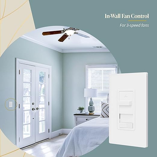 TOPGREENER Kalide Light Switch and 3-Speed Ceiling Fan Control Combo, in Wall Light and Fan Combination Switch, Single Pole, 2.5A, 720W, Neutral Wire Not Required, TGSFS3-W, White