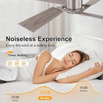 WINGBO 48 Inch Flush Mount Ceiling Fan without Light - 4 Plywood Blades, 6-Speed Reversible DC Motor, Noiseless Low Profile Ceiling Fan No Light for Bedroom Living Room, Nickel and Silver/Gray