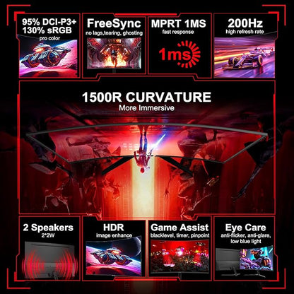 SANSUI 27 Inch Curved Gaming Monitor 200Hz 1ms with Speakers FHD 1080P Computer Monitor FreeSync|1500R|130% sRGB|HDR|Low Blue Light|HDMI DP Ports|VESA Mount|Metal Stand(HDMI Cable Incl.)
