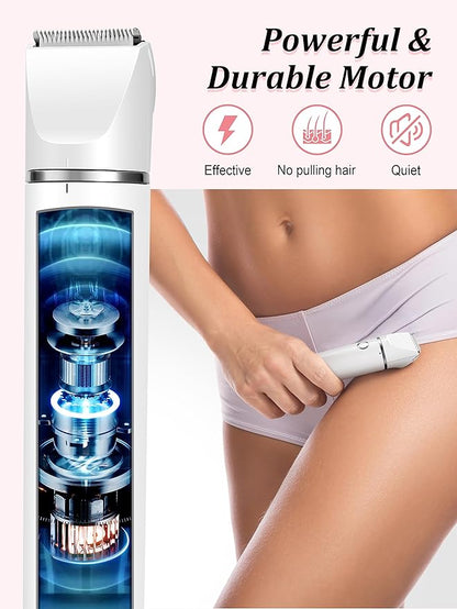 Cayzor Bikini Trimmer and Shaver Kit for Women - 2-in-1 Wet/Dry Electric Body Hair Trimmer Facial Hair Removal Cordless Waterproof Bikini Shaver Razor for Face Lip Chin Pubic Underarm Legs (White)