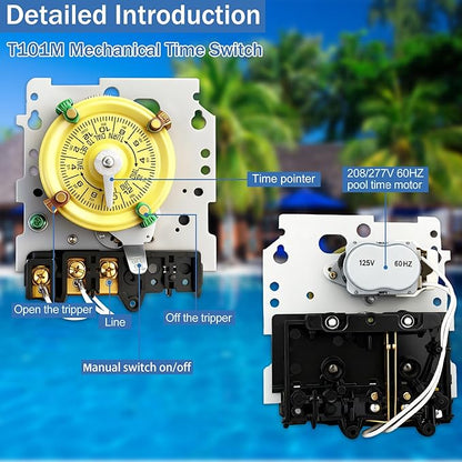 T101M Pool Timer Mechanism Only, Pool Pump Timer, 120V 2HP SPST 40A Time Switch, 24 Hour 12 ON/Off for Pool Pump, Heavy-Duty Mechanical Time Switches,Time Switch Mechanism Only, 5 Years Warranty