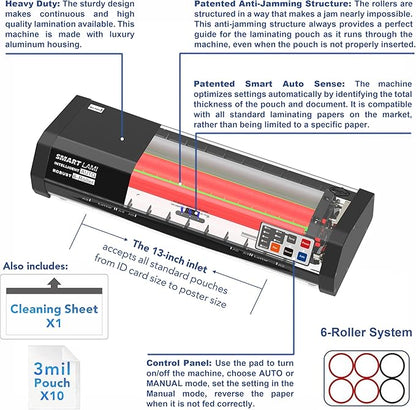 SINCHI 6-Roller Auto Sense Laminator, 13-Inch 3–10 Mil Thermal Machine, 50-Second Warm-Up, 47 in/min, Never-Jam Heavy Duty, Office & School, 11×17"